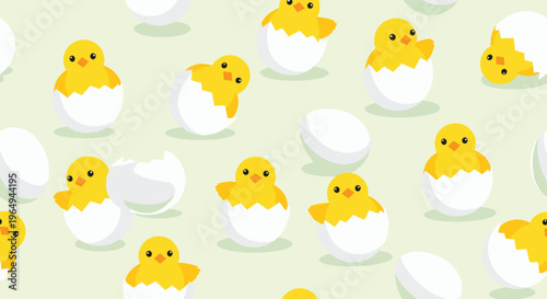 Cheerful seamless pattern of small yellow baby chicks hatching from white eggs on a pale green background, perfect for spring themes.