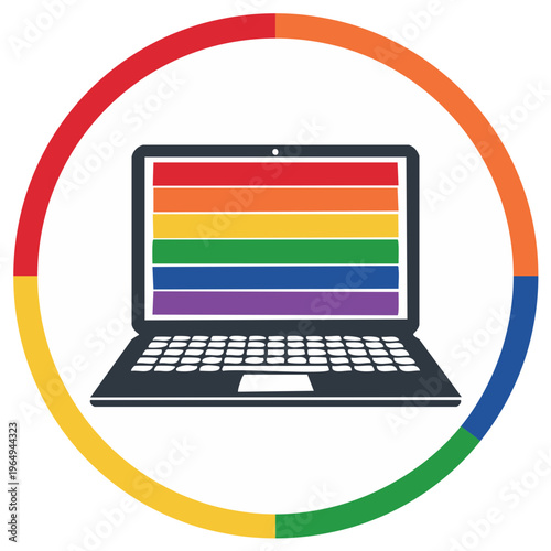 Vector icon of a laptop displaying a rainbow pride flag symbolizing online LGBTQ community and inclusion