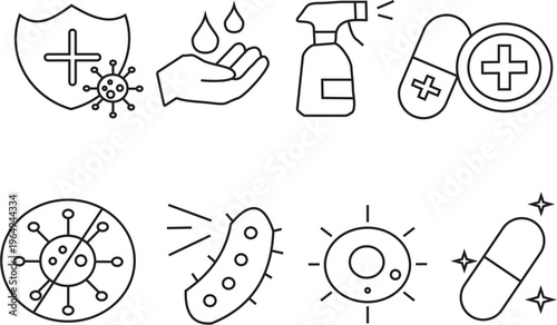 Bacteria and Medicine thick Line Icon Set for World Health Day, Antibiotic Awareness, Healthcare and Medical Research Vector Collection
