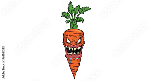 Fierce cartoon carrot with a menacing angry face, sharp fangs, and glowing eyes, dripping with green saliva on a white background.