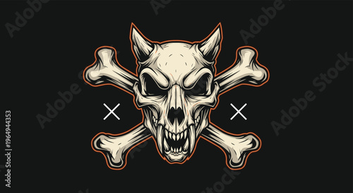 Grinning horned animal skull with sharp fangs crossed with two large bones on a solid black background in a gritty mascot style.