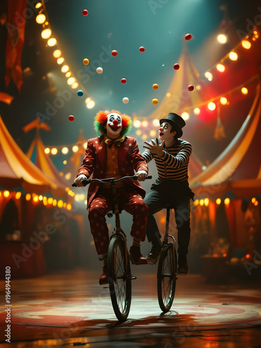Clown and mime performing circus act on bicycles