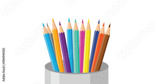 Selection of bright colored pencils in various hues standing inside a simple grey cylindrical holder or cup on a white background.