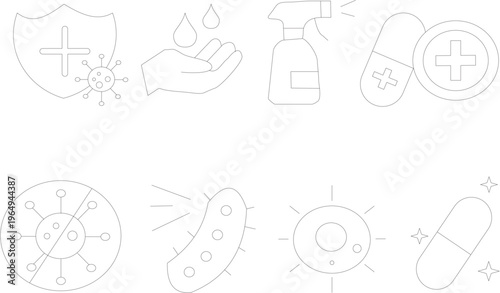 Bacteria and Medicine Line Icon Set for World Health Day, Antibiotic Awareness, Healthcare and Medical Research Vector Collection