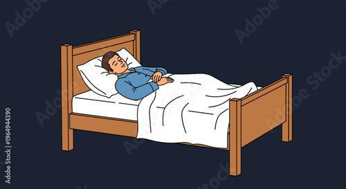 Peaceful illustration of a man in blue pajamas sleeping soundly in a simple wooden bed with white sheets and a soft pillow at night.
