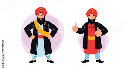 Two men in traditional Punjabi attire wearing turbans and long coats, with one character giving two thumbs up in a positive gesture.