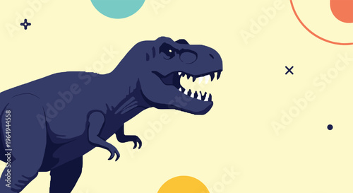 Powerful dark purple Tyrannosaurus Rex dinosaur roaring on a pale yellow background with modern geometric abstract shapes.