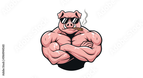 Extremely muscular pink pig mascot wearing sunglasses and smoking a cigar while flexing with arms crossed for a tough look.