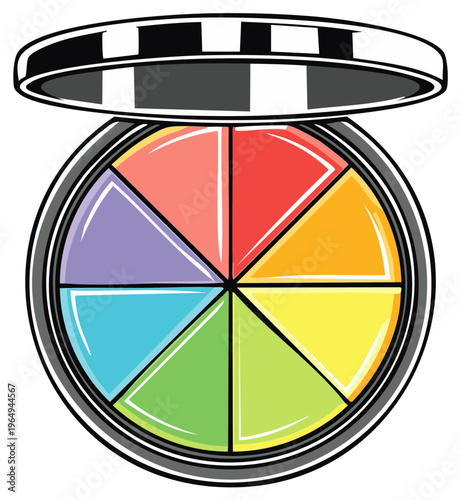 Colorful Makeup Palette With Mirror Open Showing Eight Vibrant Shades And Black And White Striped Lid