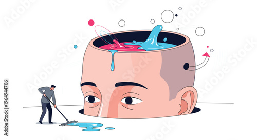 Conceptual art of a giant human head filled with colorful splashing liquid while a tiny person cleans up a spill.