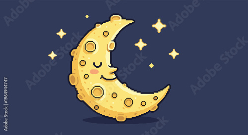 Pixel art of a cheerful yellow crescent moon with craters and a smiling face surrounded by stars in a night sky.