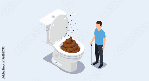 Isometric scene showing a man standing next to a white toilet overflowing with a giant pile of brown feces and flies.