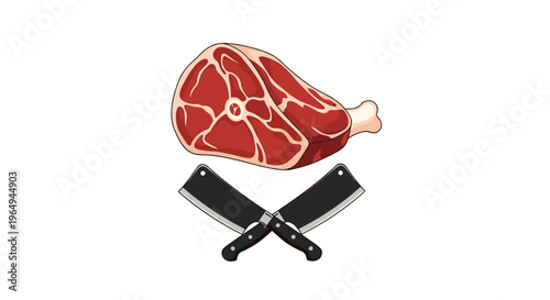 Graphic design of a large raw meat joint on a bone placed above two crossed butcher cleavers on a white background.