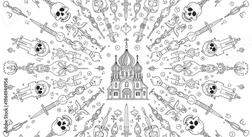Intricate black and white pattern showing an orthodox church surrounded by a radial design of skulls and daggers.