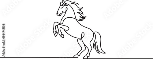 A horse with a lush mane reared up.Stallion prance. One line draw graphic design vector