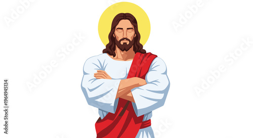 Religious illustration of jesus christ with a halo and a white robe with a red sash standing with crossed arms.