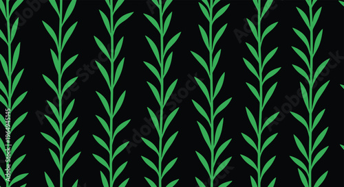 Minimalist pattern of vertical green leafy stems repeating across a solid black background for a natural look.