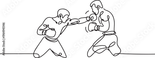 Continue line of boxer man fight vector illustration. One line draw graphic design vector