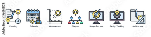 Planning Phase web banner icon vector illustration with icons of Planning,Schedule,Measurement,Diagram,Design Process,Design Thinking and Architecture