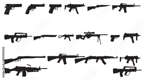 A collection of various firearms silhouettes on a Transparent Background for design and editorial use