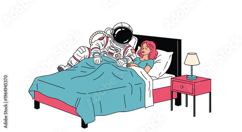 Whimsical illustration of an astronaut in a spacesuit tucking a woman into bed in a cozy home bedroom setting.