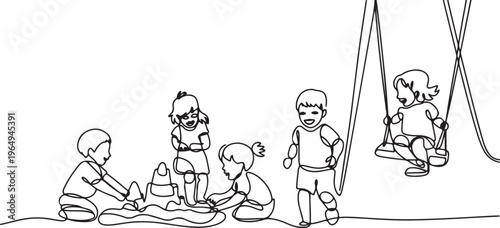 Continuous one single line drawn little children playing in the street in the children's games. Kids playing in the sandbox park. One line draw graphic design vector