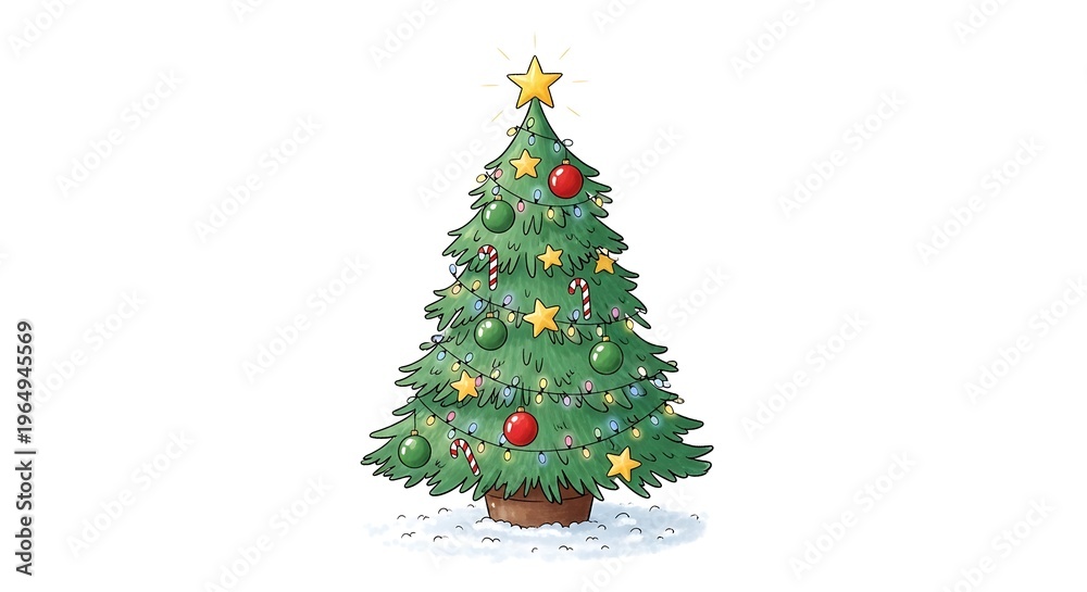 Obraz premium Christmas tree with ornaments and star on decorated tree