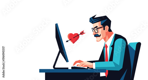 Stylized vector illustration of a man with a mustache at a computer with a heart and arrow coming from the screen.