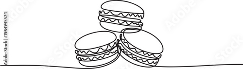 Macaroon one line drawing vector, Continuous one line drawing of French macaroons isolated on white background. One line draw graphic design vector
