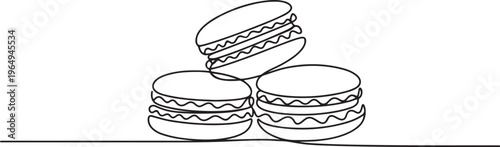 Macaroon one line drawing vector, Continuous one line drawing of French macaroons isolated on white background. One line draw graphic design vector