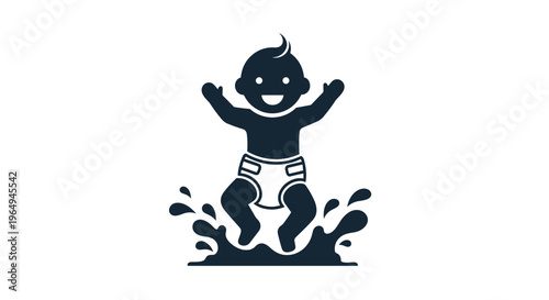 Simple black silhouette of a cheerful baby wearing a diaper and splashing in a pool of water on a white background.