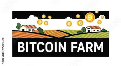 Landscape banner for a bitcoin farm showing golden crypto coins floating over farm houses and agricultural fields.