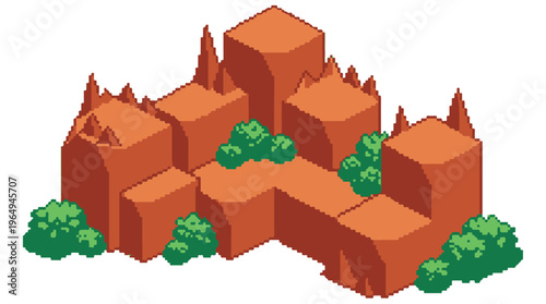 A pixelated illustration of a red rocky landscape with green bushes and a Transparent Background