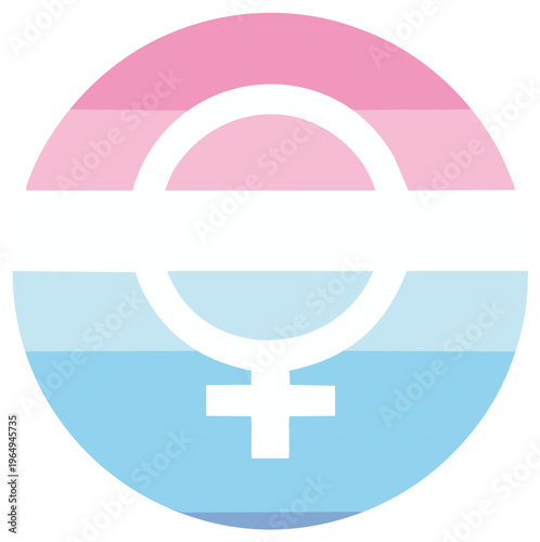 Circular transgender pride icon with a modified female symbol and pastel flag colors