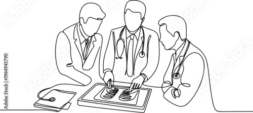 One single line drawing group of team doctor discussing and diagnosing patient x-ray photo result at hospital. Medical health care service concept. One line draw graphic design vector