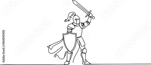 Single continuous line drawing medieval knight in armor, cape and helmet with feather. Warrior of middle ages standing, holding shield and raised sword. One line draw graphic design vector