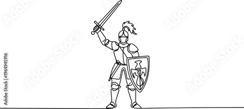 Single continuous line drawing medieval knight in armor, cape and helmet with feather. Warrior of middle ages standing, holding shield and raised sword. One line draw graphic design vector