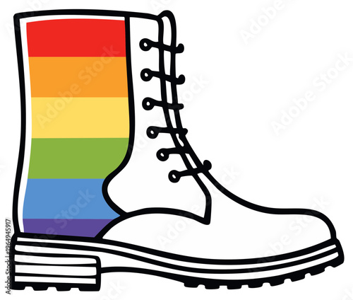 Single white lace-up boot displaying rainbow stripes expressing LGBTQ rights and community activism for pride month celebration