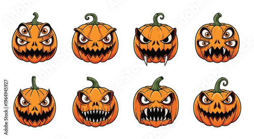 Collection of eight different spooky halloween jack o lantern pumpkins with scary expressions and various monster features.