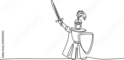 Single continuous line drawing medieval knight in armor, cape and helmet with feather. Warrior of middle ages standing, holding shield and raised sword. One line draw graphic design vector