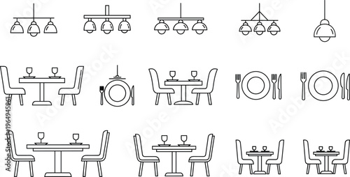 Restaurant and Dining Icon Set with Tables, Chairs, Lighting, and Table Settings for Dining, Restaurant, and Hospitality Design Projects