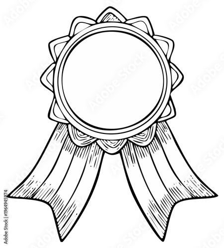 Ink drawing of a rosette ribbon badge with circular blank space for text or logo.