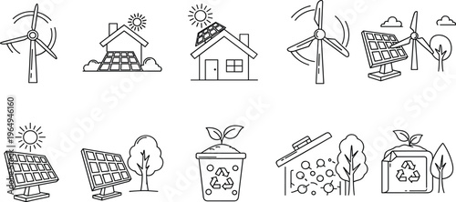 Renewable Energy Icon Set with Solar Panels, Wind Turbines, Eco Houses, Recycling Symbols, and Sustainable Power Minimal Line Vector Collection.