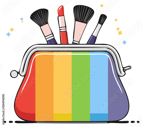 Rainbow Clutch Purse Filled With Makeup Brushes and Red Lipstick