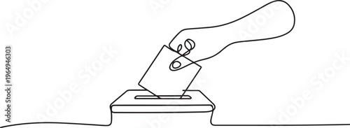 Vector abstract continuous one single simple line drawing icon of hand with voting ballot and box. One line draw graphic design vector