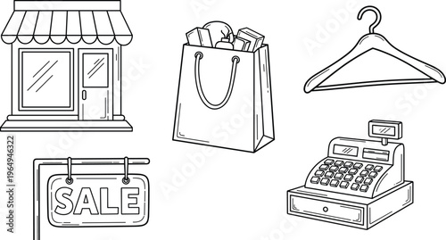 Retail and Shopping Icon Set with Storefront, Shopping Bag, Hanger, Sale Sign, and Cash Register for Retail, Shopping, and Business Design Projects