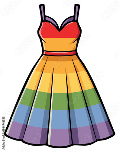 Vibrant Rainbow Strapless Dress with Flared Skirt and Red Bodice