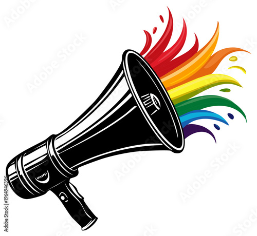 Black megaphone with rainbow colors for message of diversity or pride, isolated