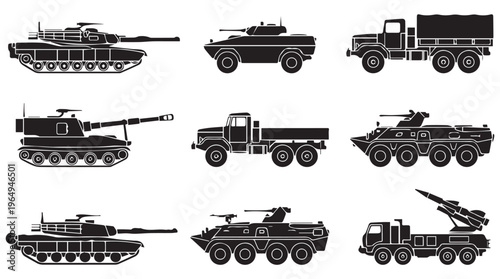 A collection of various military vehicles and tanks in black silhouette on a Transparent Background