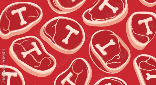 Seamless food pattern of raw red t-bone steaks with white bones and marbling texture on a solid bright red background color.